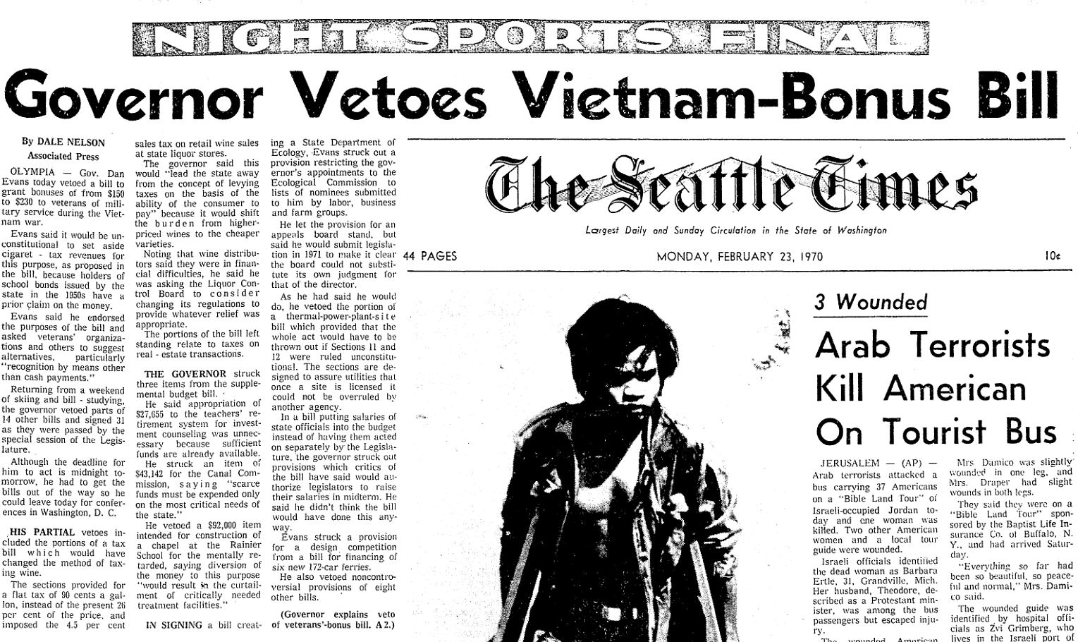 Newspaper front page, date February 23, 1970. Main headline reads, Governor Vetoes Vietnam-Bonus Bill